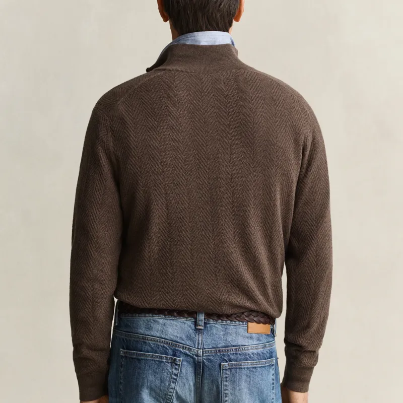 Gant Herringbone Texture Half Zip Sweater in Brown Melange-3