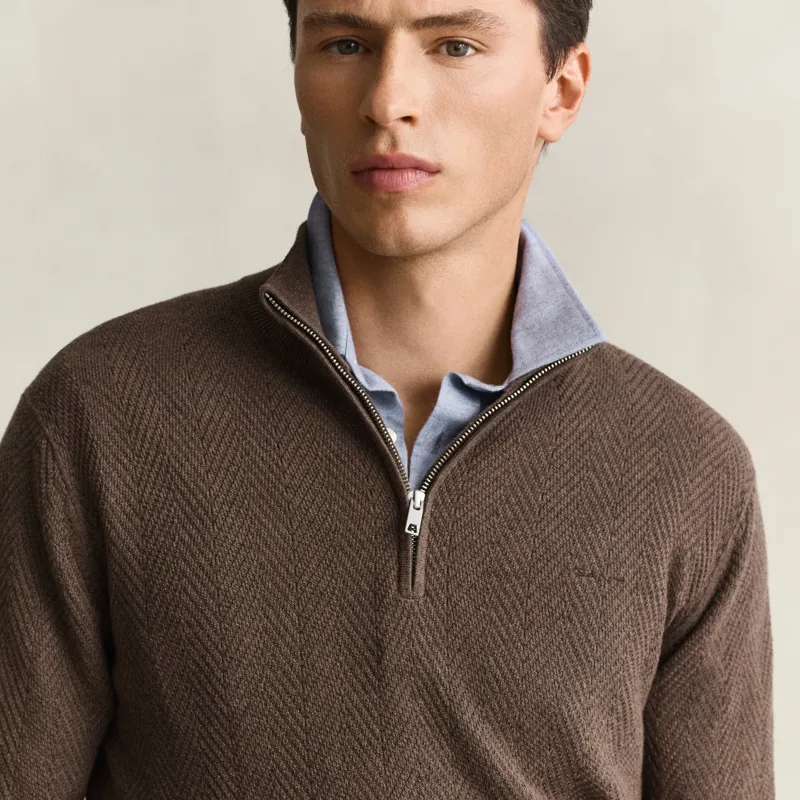 Gant Herringbone Texture Half Zip Sweater in Brown Melange-2