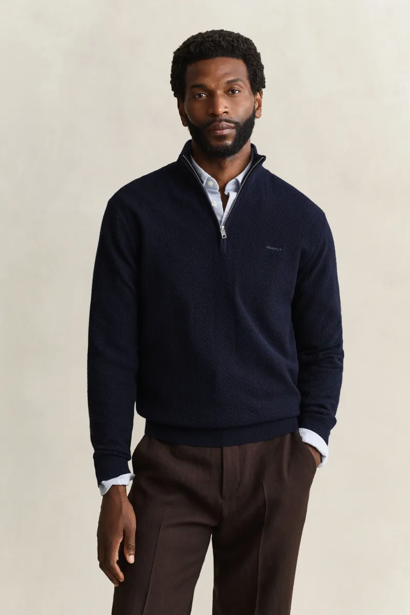 Gant Herringbone Texture Half Zip Sweater in Evening Blue-1