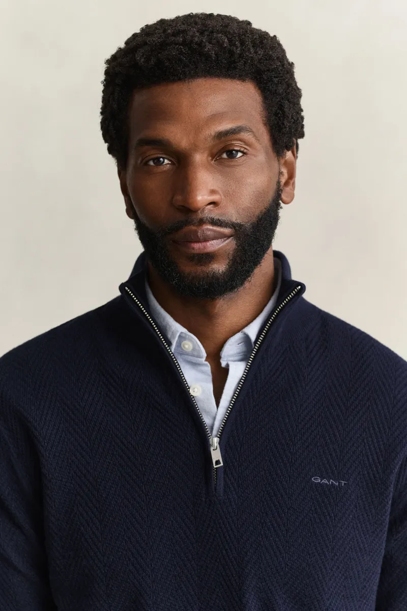 Gant Herringbone Texture Half Zip Sweater in Evening Blue-3