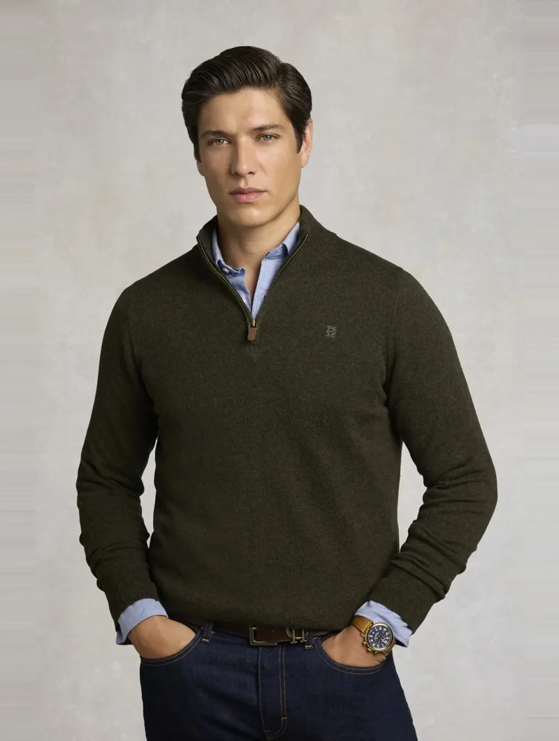 Holland Cooper Men's Fine Quarter Zip Knit in Moss-1