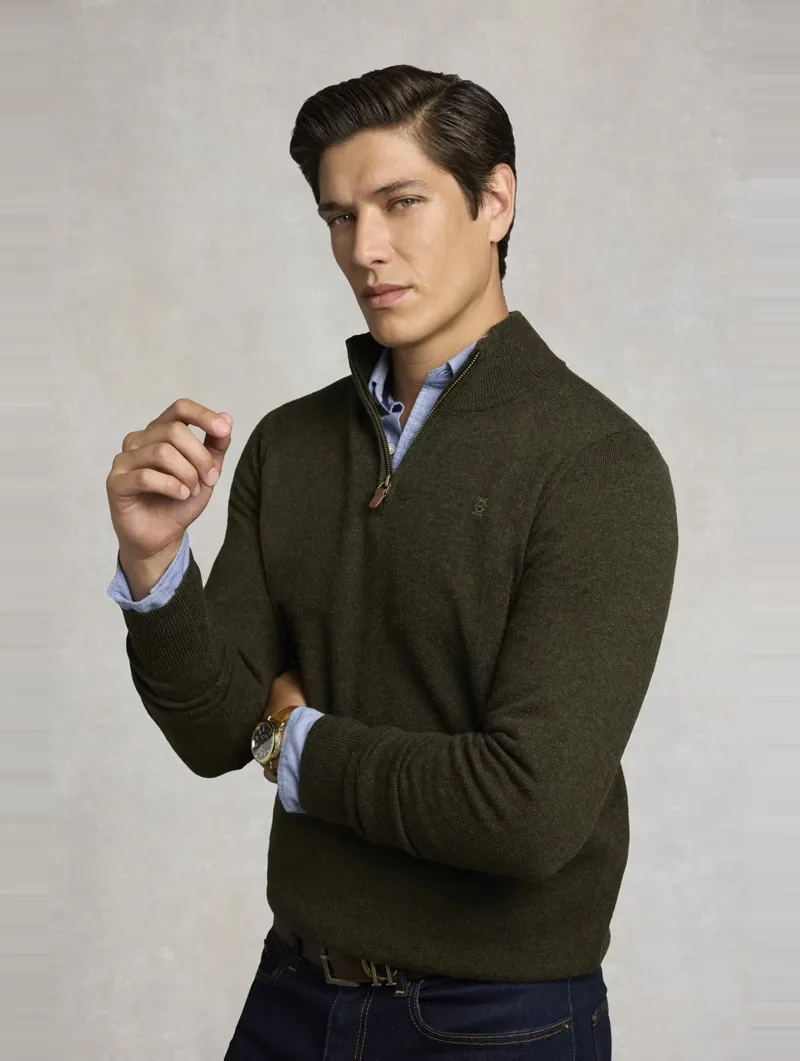 Holland Cooper Men's Fine Quarter Zip Knit in Moss-2