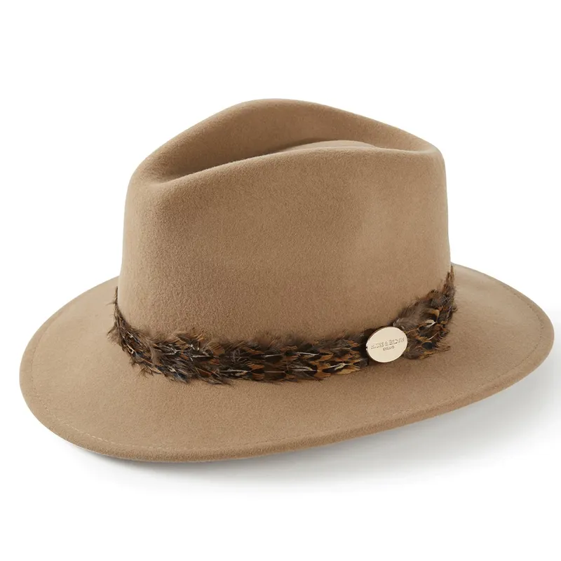 Hicks and Brown Suffolk Fedora Pheasant Wrap Camel
