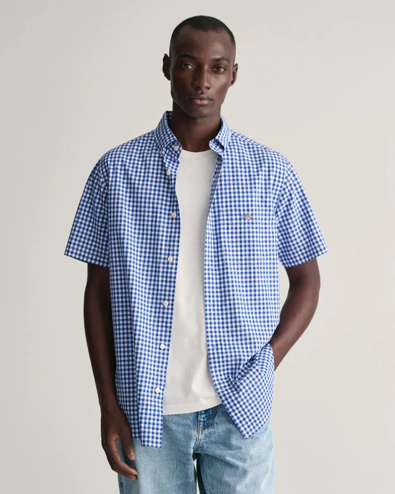 Gant Regular Fit Gingham Poplin Short Sleeve Shirt College Blue