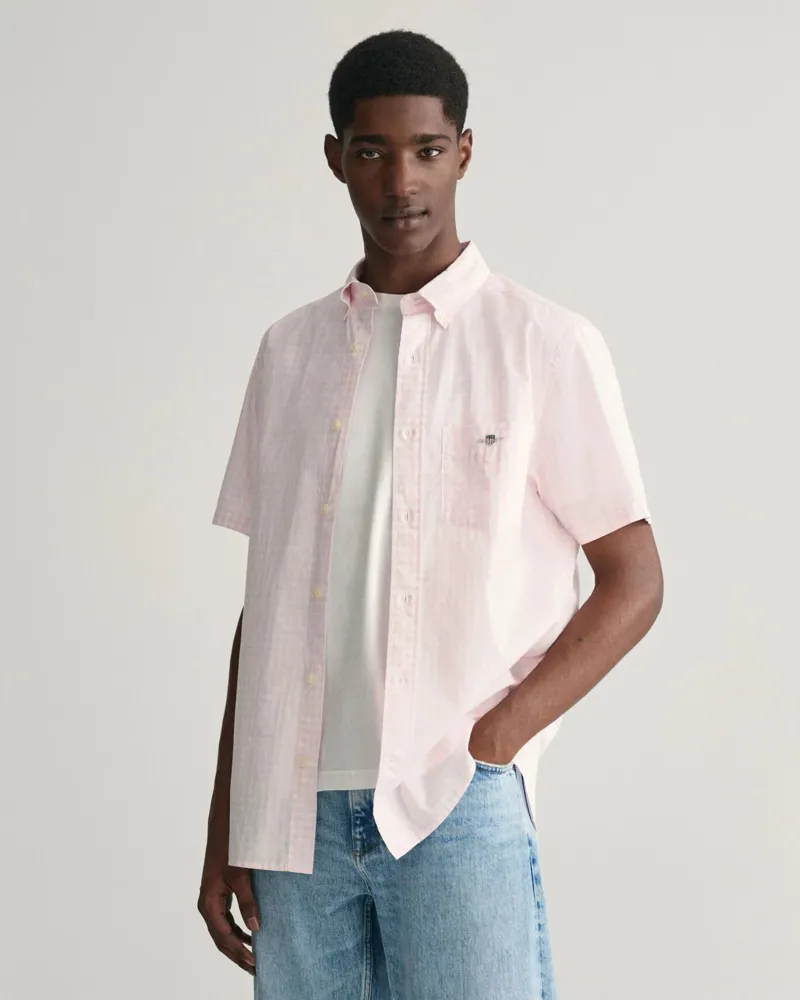 Gant Regular Fit Gingham Poplin Short Sleeve Shirt Light Pink