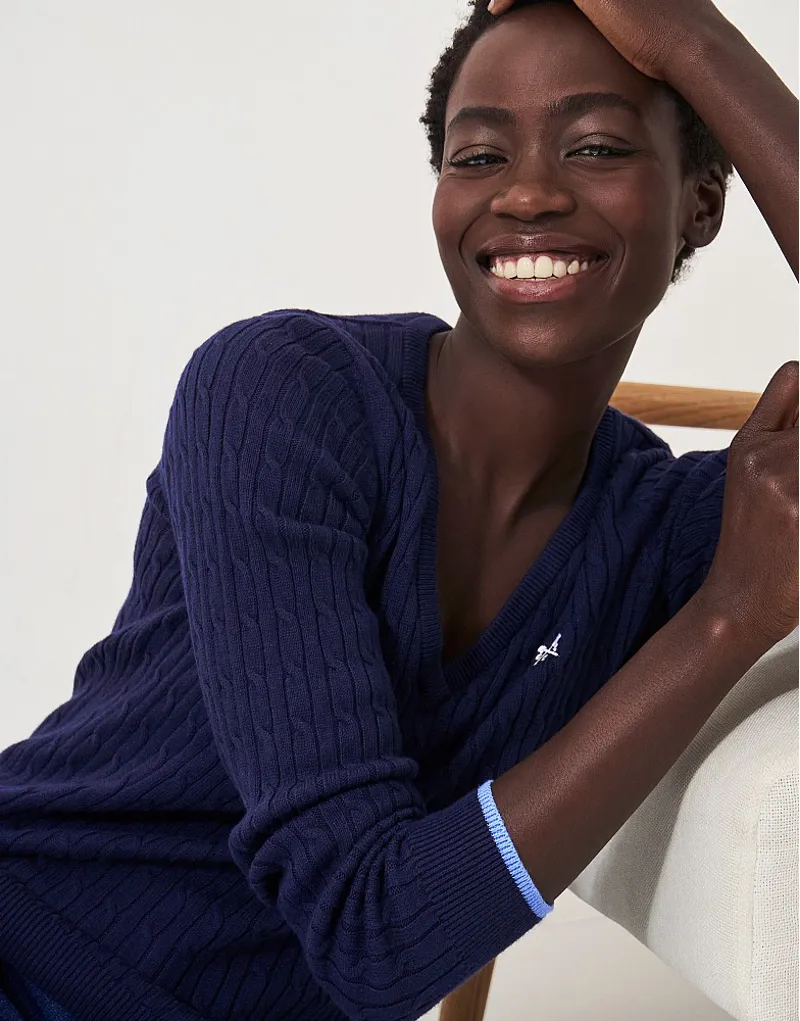 Crew Clothing Heritage V Neck Cable Jumper Navy-1