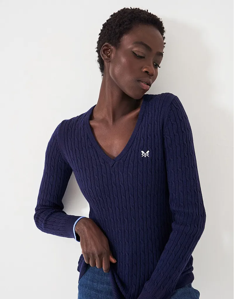 Crew Clothing Heritage V Neck Cable Jumper Navy-4