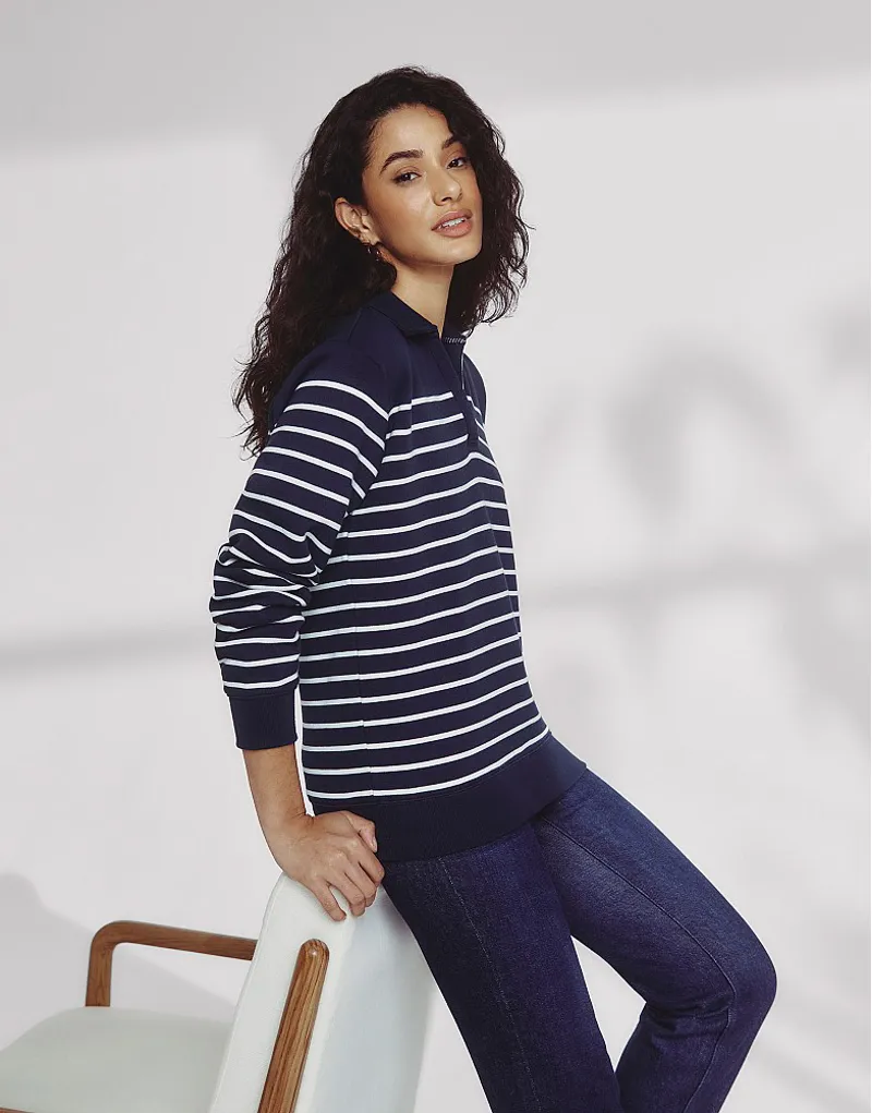 Crew Sandy Collared Stripe Sweatshirt Dark Navy White-1